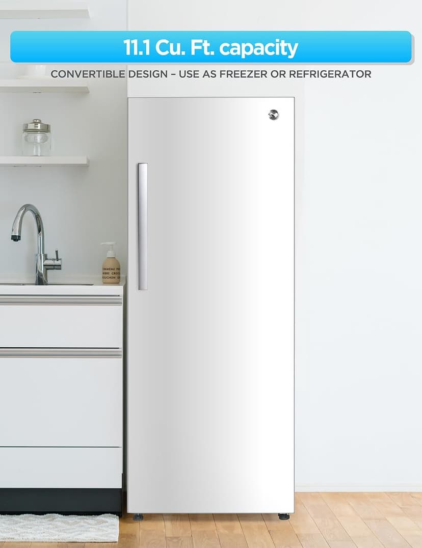 Commercial Cool 11.1 Cu. Ft. Convertible Freezer Refrigerator, Upright Fridge with Glass Shelves, Reversible Door, Garage Ready, ENERGY STAR rated, Auto Defrost, CCUC1110GW, White