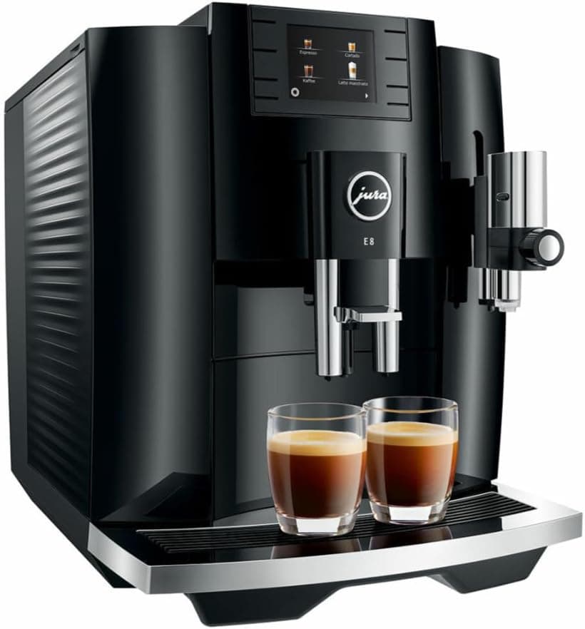 Jura E8 5th Gen Automatic Coffee Machine (Piano Black) Stainless Steel Espresso Machine, Powerful Blending Features Bundle with Glass Milk Container (2 Items)