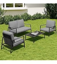 EAST OAK Life Chatter Patio Furniture Set 5 Pieces, Outdoor Furniture 5-Seat Sofa with Two Round Coffee Table, Waterproof Thick Cushion Deep Seating for Porch, Balcony, Chestnut Brown & Creamy Apricot