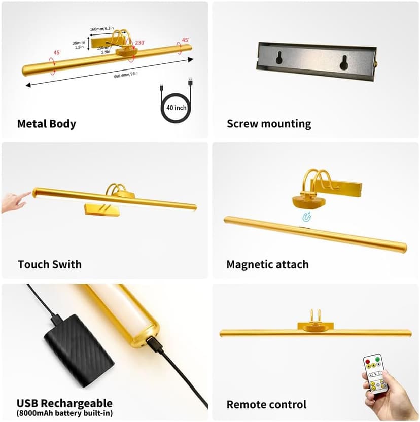 26" Wireless Picture Lights, Rechargeable Battery Art Display Light with Remote Control, Dimmable/Timer Off Dartboard Light, 3 Lighting Modes Full Metal Painting Display Lights (Gold-1 Pack)