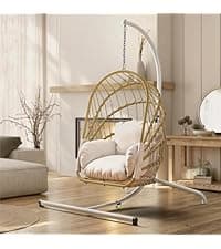 YITAHOME Accent Living Room Egg Chair w/ 2-in-1 Ottoman, Wicker Oversized Basket Chair with 5 Thick Cushions, Footrest, Comfy Recliner Lazy Chair for Indoor, Bedroom, Reading Room, Lounge (Beige)