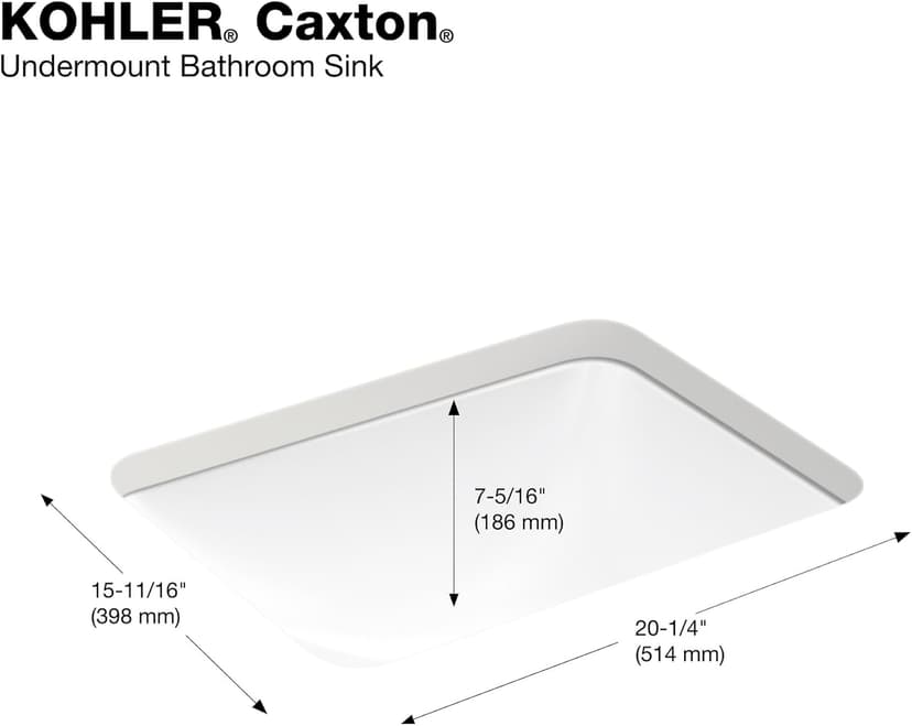 KOHLER 20000-0 Caxton Rectangle Undermount Bathroom Sink with Overflow Drain, 20-1/4" W x 15-11/16" D, White