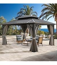 YITAHOME 10x12 Polycarbonate Gazebo Hardtop Outdoor Canopy with Netting and Shaded Curtains, Aluminum Frame Garden Tent for Patio, Backyard, Deck and Lawns, Brown