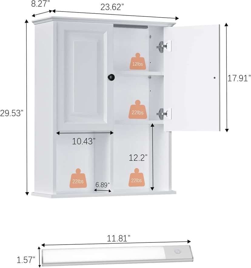 HAIOOU Bathroom Wall Cabinet with Motion Sensor LED Light, Wooden Medicine Cabinet Wall Mounted Cupboard, Over Toilet Storage Cabinet with Buffering Hinges and Adjustable Shelf - Modern White