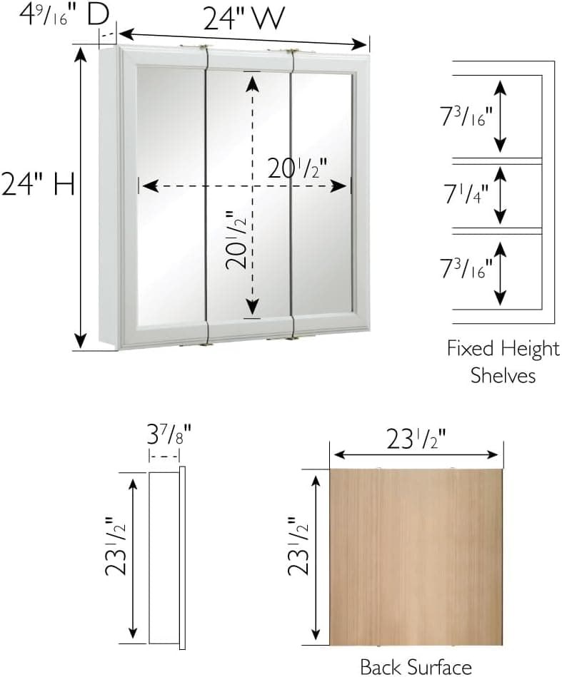 Design House 24 Inch Bathroom Medicine Cabinet, Wall Mounted, 3 Mirror, Doors White, 535849-WHT