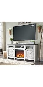 JXQTLINGMU Fireplace TV Stand for 80 Inch TV, Farmhouse Highboy Entertainment Center w/23'' Electric Fireplace & Cross Barn Door, Large TV Console for TVs Up to 80", 70 inches, White
