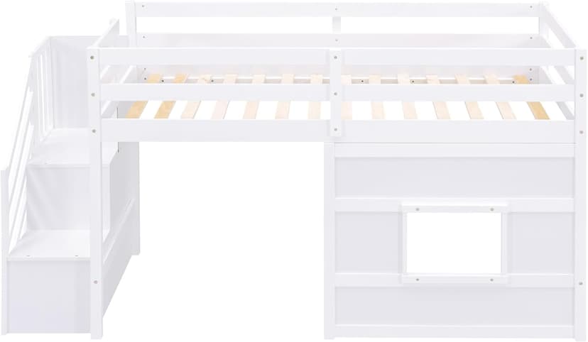Twin Size Low Loft Bed with Stairs, Kids Loft Bed with Storage,Solid Wood Twin Loft Bed Frame for Kids, Space Saving Low Loft Bed for Boys, Girls, White