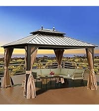 YITAHOME 10x12 Polycarbonate Gazebo Hardtop Outdoor Canopy with Netting and Shaded Curtains, Aluminum Frame Garden Tent for Patio, Backyard, Deck and Lawns, Brown