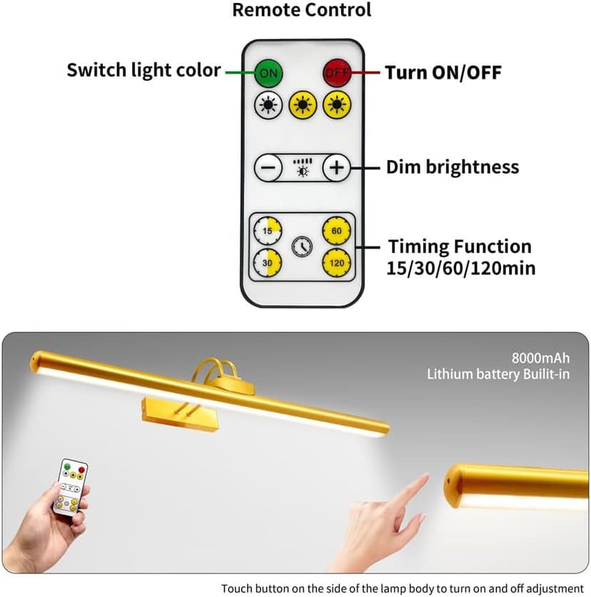 26" Wireless Picture Lights, Rechargeable Battery Art Display Light with Remote Control, Dimmable/Timer Off Dartboard Light, 3 Lighting Modes Full Metal Painting Display Lights (Gold-1 Pack)