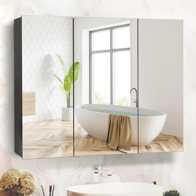 Movo 40 Inch x 28 Inch Black Bathroom Mirror Medicine Cabinet, Frameless Large Wall Mount Medicine Cabinet with 3 Doors,Rmovable Shelves