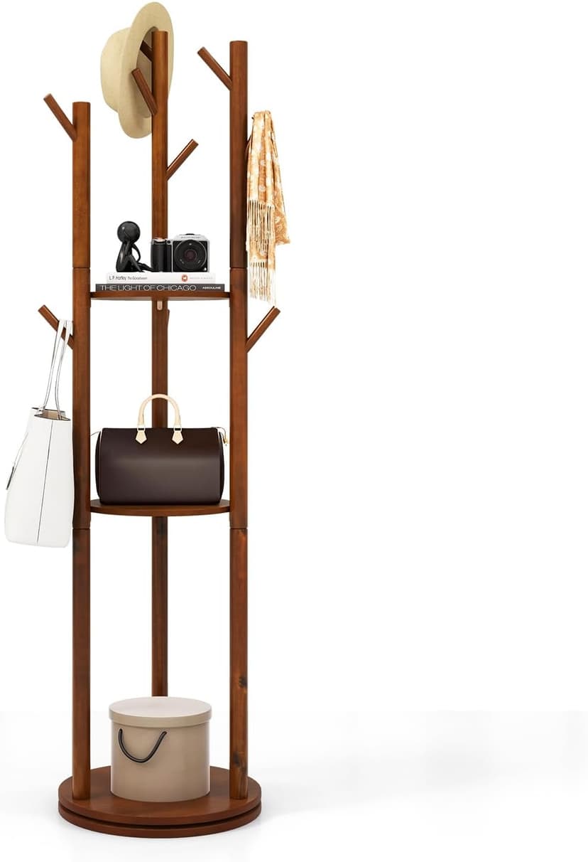 Tangkula Coat Rack Freestanding, Rotary Wooden Coat Tree with 3 Display Storage Shelves & 9 Hooks for Coats, Scarves, Hats & Bags, 66 Inches Coat Hanger Stand for Entryway, Bedroom, Office (Walnut)