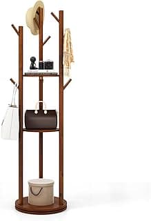 Tangkula Coat Rack Freestanding, Rotary Wooden Coat Tree with 3 Display Storage Shelves & 9 Hooks for Coats, Scarves, Hats & Bags, 66 Inches Coat Hanger Stand for Entryway, Bedroom, Office (Walnut)