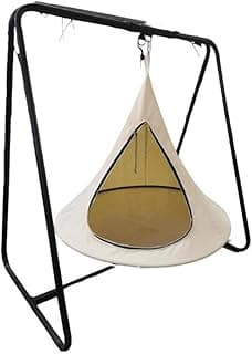 Hanging Teepee Pod Swing Chair with Stand White Canvas Swing Hammock 100cm Diameter Indoor Outdoor Use Waterproof Level 3 Steel Frame 220 lb Capacity Saucer Style