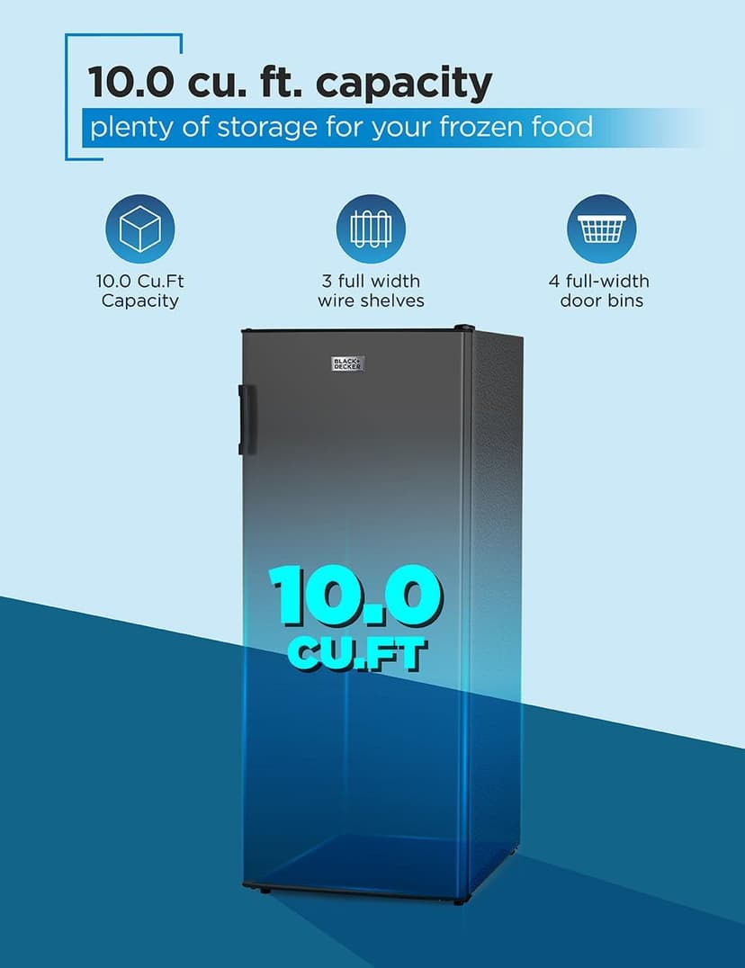 BLACK+DECKER 10 Cu. Ft. Upright Freezer, Stand Up Freezer with Mechanical Temperature Control, Freezer Upright with 3 Shelves and 4 Door Bins, Manual Defrost, R600a Refrigerant, BUF1000LB, Black