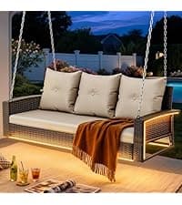 YITAHOME 3 Seats Patio Porch Swing, Outdoor Wicker Hanging Bench Rattan Chair Seat with LED Lights & Soft Cushions for Outside, Garden, Backyard, Lawn, Light Brown & Beige