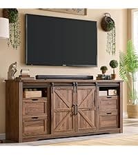 Farmhouse TV Stand for 75+ Inch TV, 32" Tall Entertainment Center w/4 Drawers & Sliding Barn Door, Rustic Media Console w/Storage Shelves, 66" Wood Television Stand for Living Room, Off White