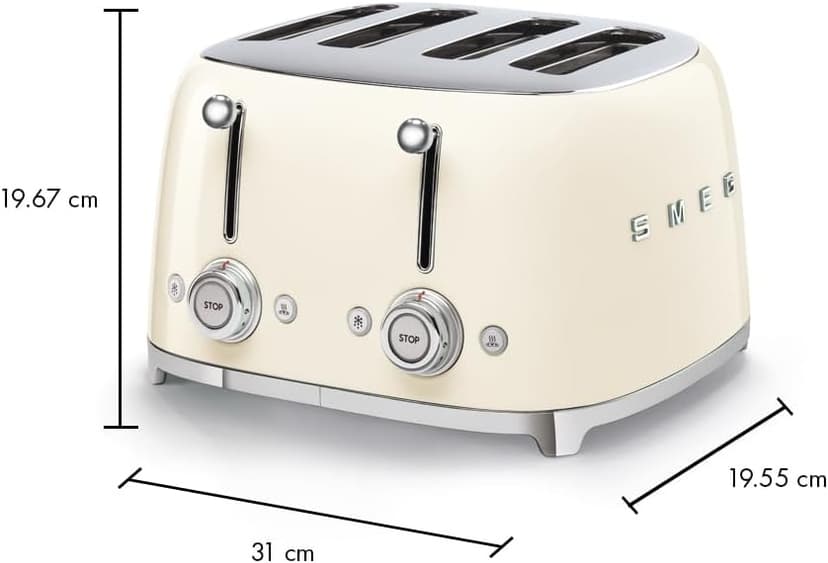 Smeg 50's Style Retro Aesthetic 4 Slice Toaster 6 Presets Extra Wide Slots Cream TSF03CRUS