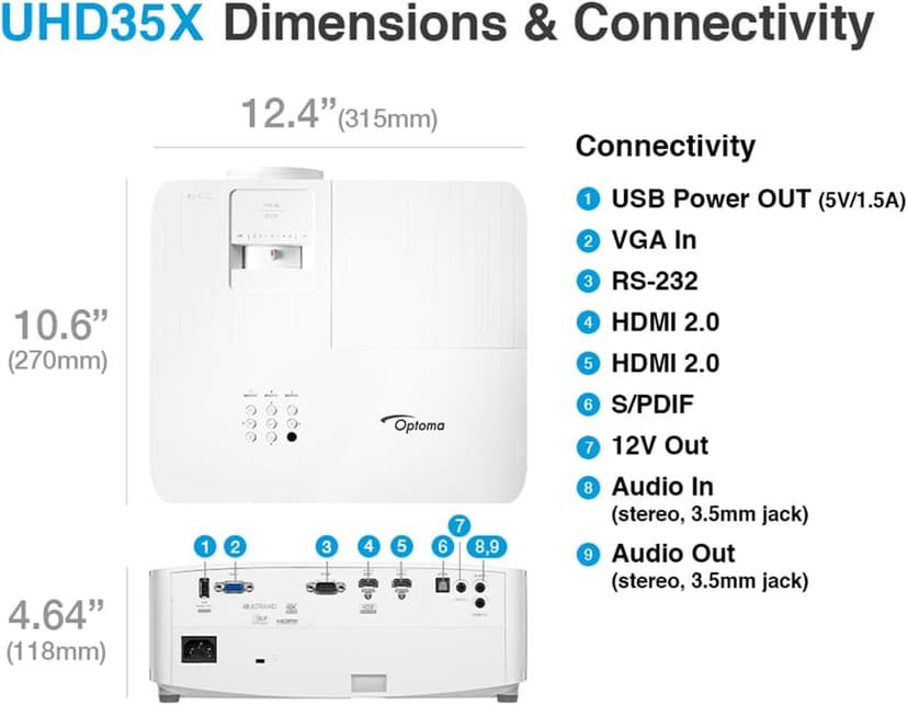Optoma UHD35X Technology 3600-Lumen UHD 4K DLP Projector - White