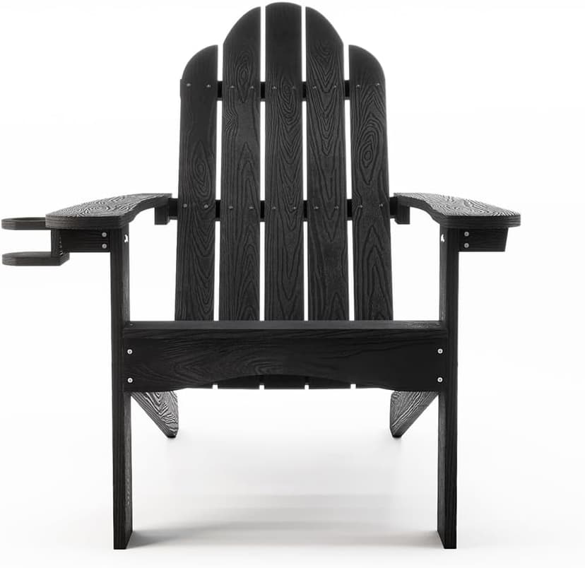 LUE BONA HDPS Adirondack Chairs Set of 4, Fire Pit Outdoor Chair Weather Resistant with Cup Holder, Modern Plastic Chair Plastic for Patio, Deck, Proch, Hotel, Resort, 350LBS, Black