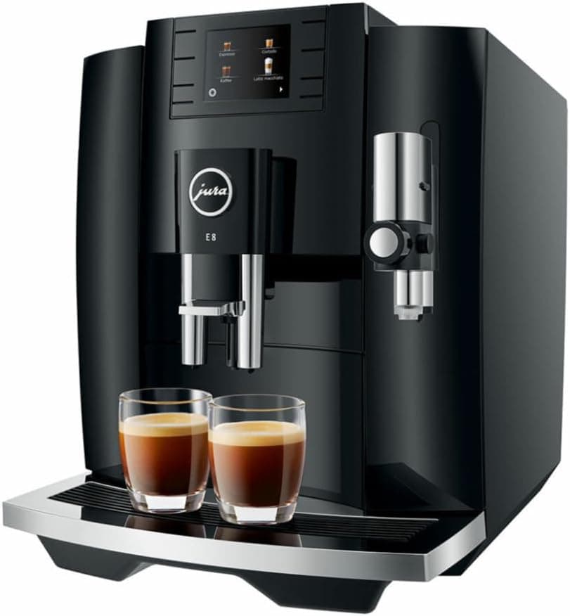 Jura E8 5th Gen Automatic Coffee Machine (Piano Black) Stainless Steel Espresso Machine, Powerful Blending Features Bundle with Glass Milk Container (2 Items)