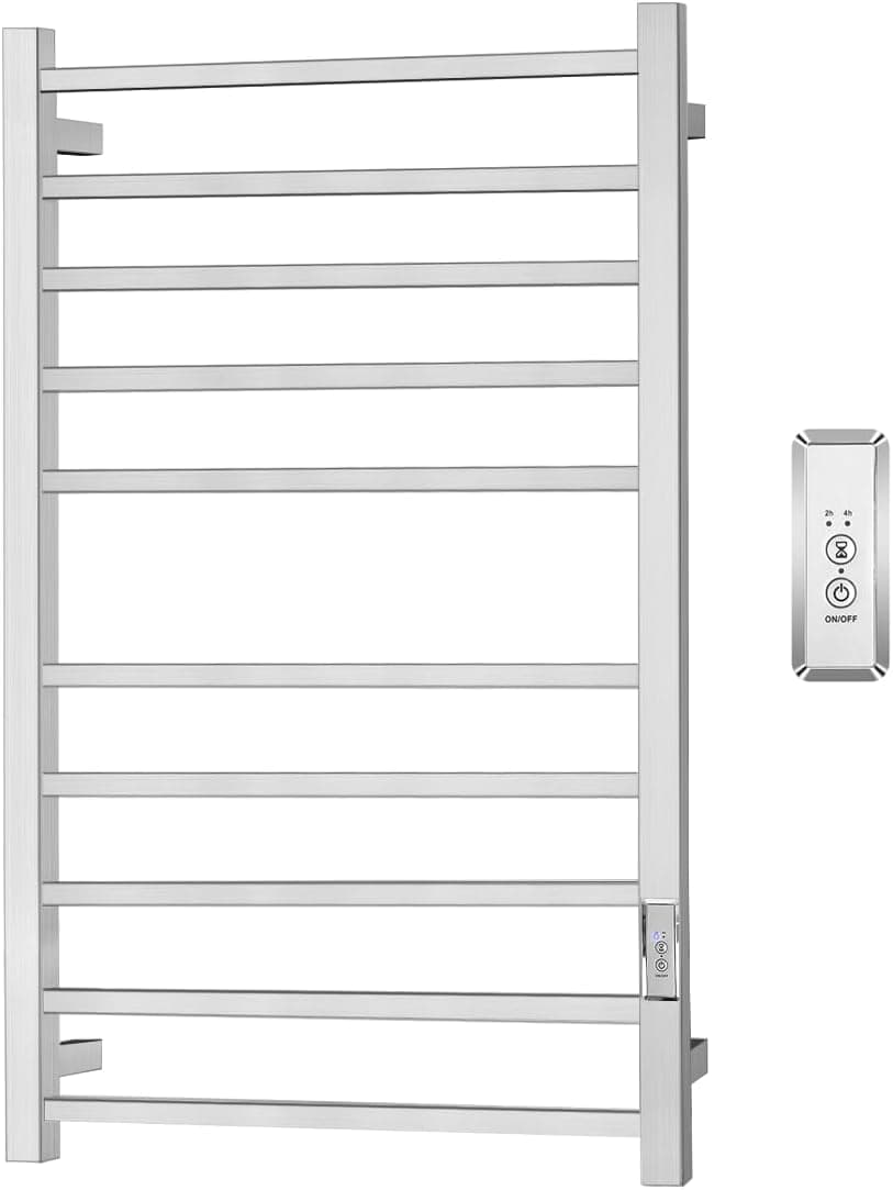Towel Warmer for Bathroom, Heated Towel Warmer Rack Wall Mounted, 10 Bar Large Electric Hot Towel Rack with Built-in Timer, Hard-Wired & Plug-in, Fast Heating, Nickel Silver
