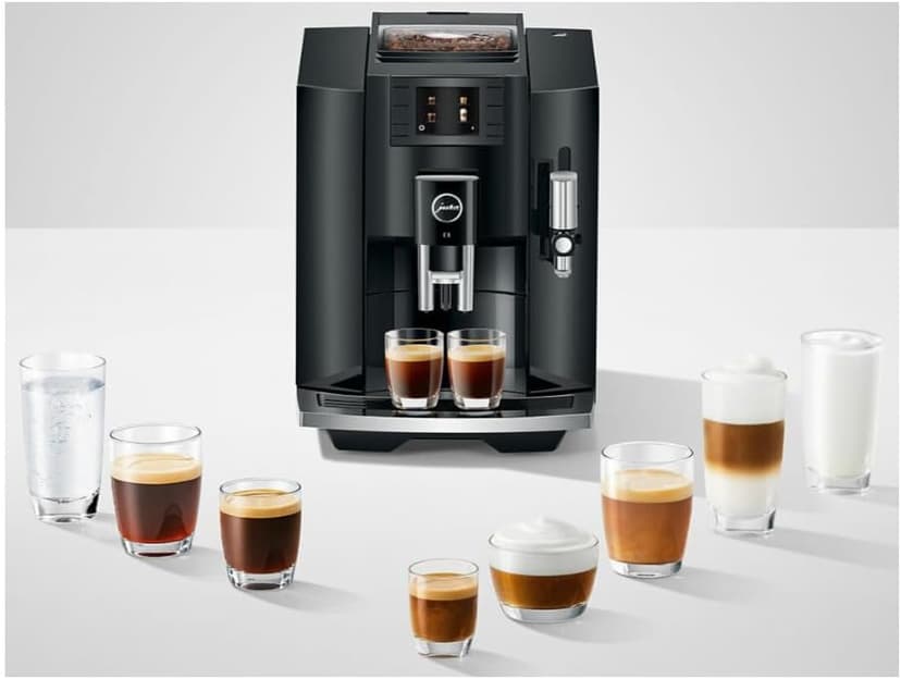Jura E8 5th Gen Automatic Coffee Machine (Piano Black) Stainless Steel Espresso Machine, Powerful Blending Features Bundle with Glass Milk Container (2 Items)