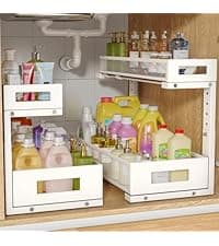 2 Pack Under Sink Organizer with Smooth Ball Bearing Slides, 2-Tier Pull Out Cabinet Storage, Slide Out Drawers for Bathroom and Kitchen, Under Sink Shelf, Rust-resistant Coating, Height Adjustable