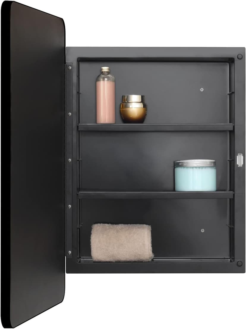 Fundin Plastic Black Medicine Cabinet, Beveled Edge Mirror Door with Round Corner Metal Frame, Recessed and Surface Mount Bathroom Medicine Cabinet, 16 x 24 inch Mirror Size