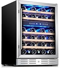 Kalamera 24 inch Wine Cooler, 46 Bottle - Dual Zone Built-in or Freestanding Fridge with Stainless Steel Reversible Glass Door, for Home, Kitchen, or Office.