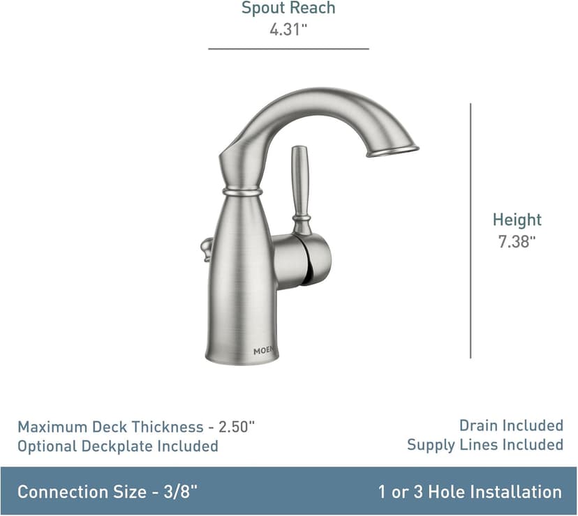 Moen Sarona Spot Resist Brushed Nickel One-Handle Single Hole Rustic Farmhouse Bathroom Sink Faucet with Optional Deckplate, 84144SRN