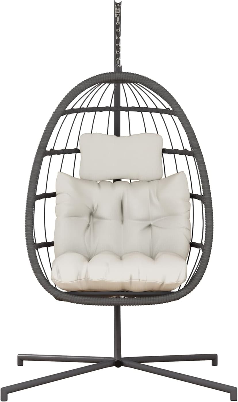 HWB Hanging Egg Chair with Stand, Patio Wicker Hammock Egg Swing Chair with Cushion for Bedroom Garden Indoor Outdoor (Beige)