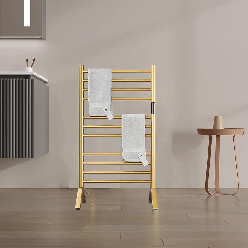 Electric Towel Warmers Radiator with Built-in Timer Gold, 140W Wall-Mounted & Freestanding Heated Towel Drying Rack with 11 Bars, 304 Stainless Steel Heated Towel Rail for Bathroom, Plug-in