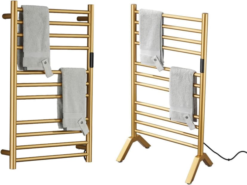 Electric Towel Warmers Radiator with Built-in Timer Gold, 140W Wall-Mounted & Freestanding Heated Towel Drying Rack with 11 Bars, 304 Stainless Steel Heated Towel Rail for Bathroom, Plug-in