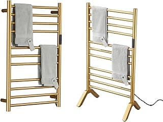 Electric Towel Warmers Radiator with Built-in Timer Gold, 140W Wall-Mounted & Freestanding Heated Towel Drying Rack with 11 Bars, 304 Stainless Steel Heated Towel Rail for Bathroom, Plug-in