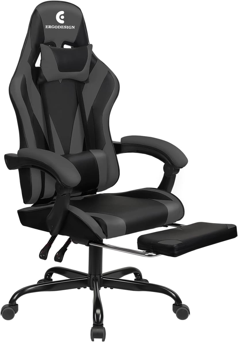 Gaming Chair with Linkage Armrest & Footrest, High Back Video Gaming Chair, Black/Grey