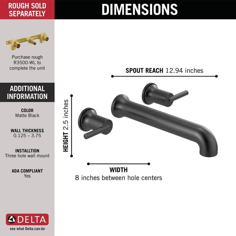 DELTA Faucet Contemporary Wall-Mounted Tub Filler - T5759-BLWL - Modern Bathroom Tub Faucet & Handles - Sleek Bathroom Fixtures - Matte Black (Valve Sold Separately)