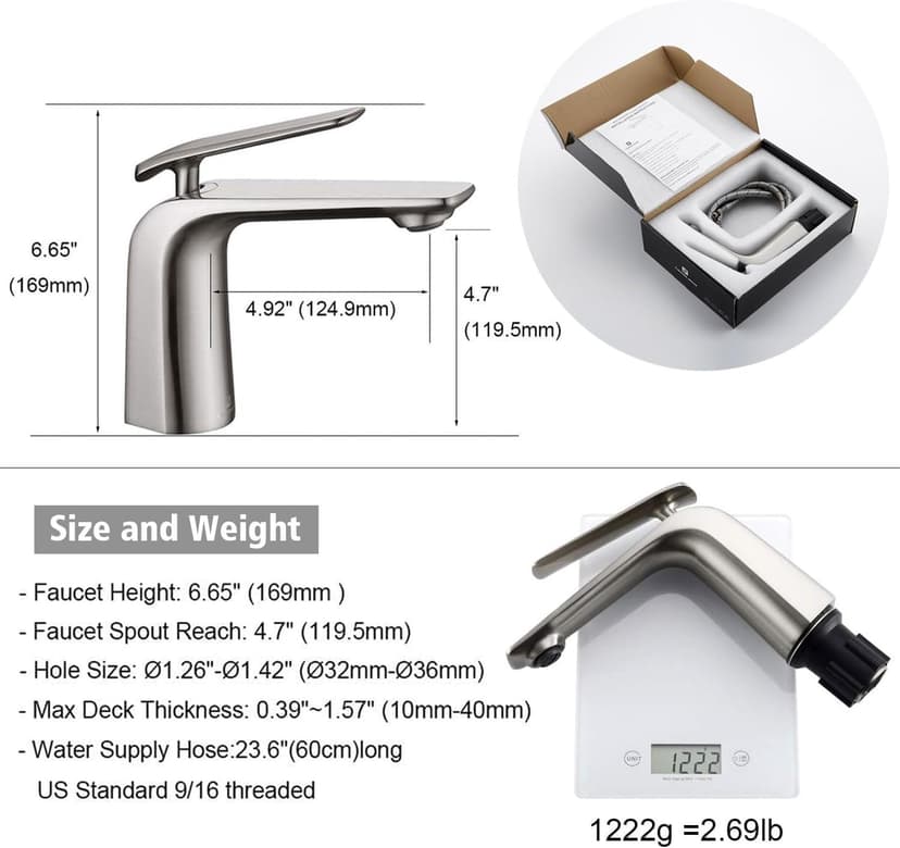 TOCALOCA 1 Handle Bathroom Faucet Brushed Nickel Sink Faucet, One Hole Bathroom Sink Faucet Modern Basin Mixer Taps, Premium Brass Vanity Faucet with Water Supply Hose