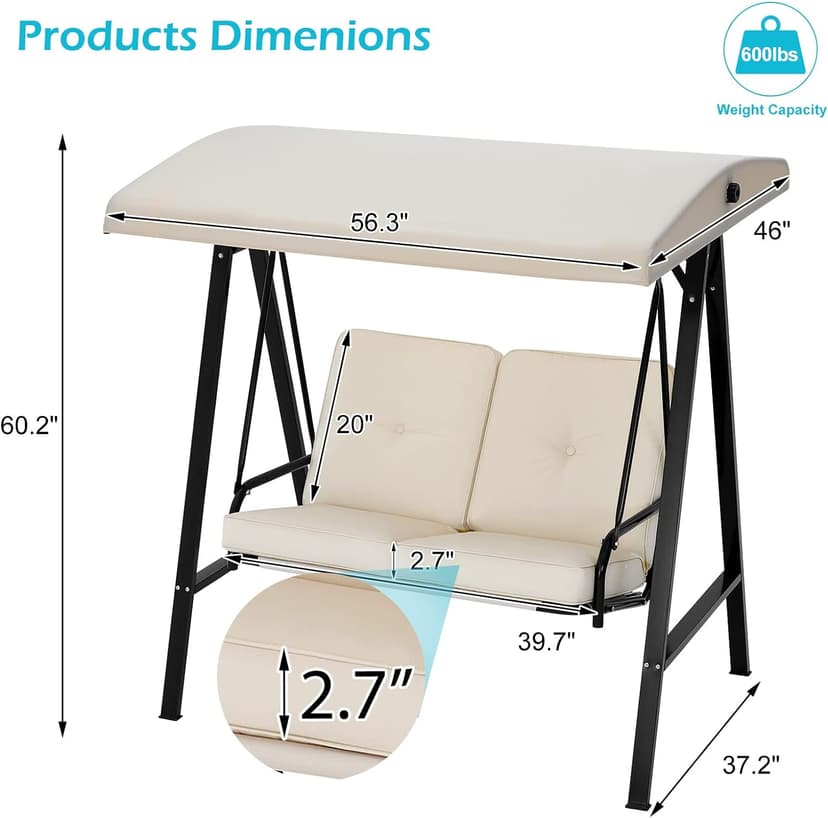 AECOJOY Outdoor Patio Swing Chair for Adults, 2-Seat Porch Swings with Adjustable Canopy, Outside Swing Bench with Removable Cushion, Suitable for Backyard, Garden, Yard, Poolside, Balcony (Beige)