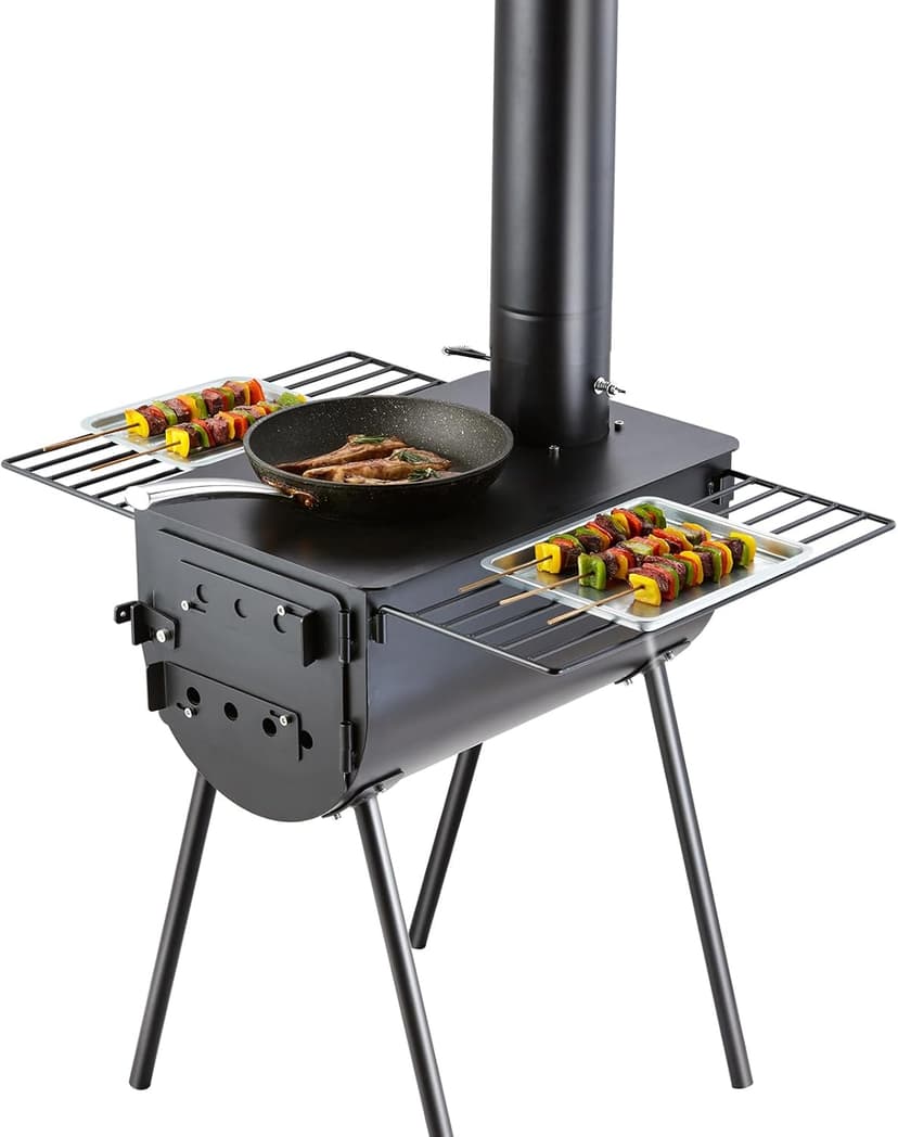 VEVOR 118" Camping Wood Stove, Portable Alloy Steel Tent Stove with 3000in³ Firebox, Outdoor Heating & Cooking Stove with Chimney Pipes & Gloves, Includes 8 Pipes for Efficient Heating