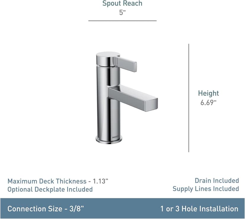 Moen Beric Chrome Modern One-Handle Single Hole Bathroom Faucet with Drain Assembly and Optional Deckplate for your Bath Sink, 84774