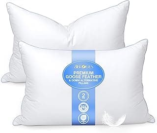 Goose Feather Pillows Queen Size Pack of 2 - Down Hotel Bed Pillows for Sleeping, Soft 600 Thread Count Cotton Cover, Fluffy Support Surround Fill Polyester for Side, Back, Stomach Sleepers