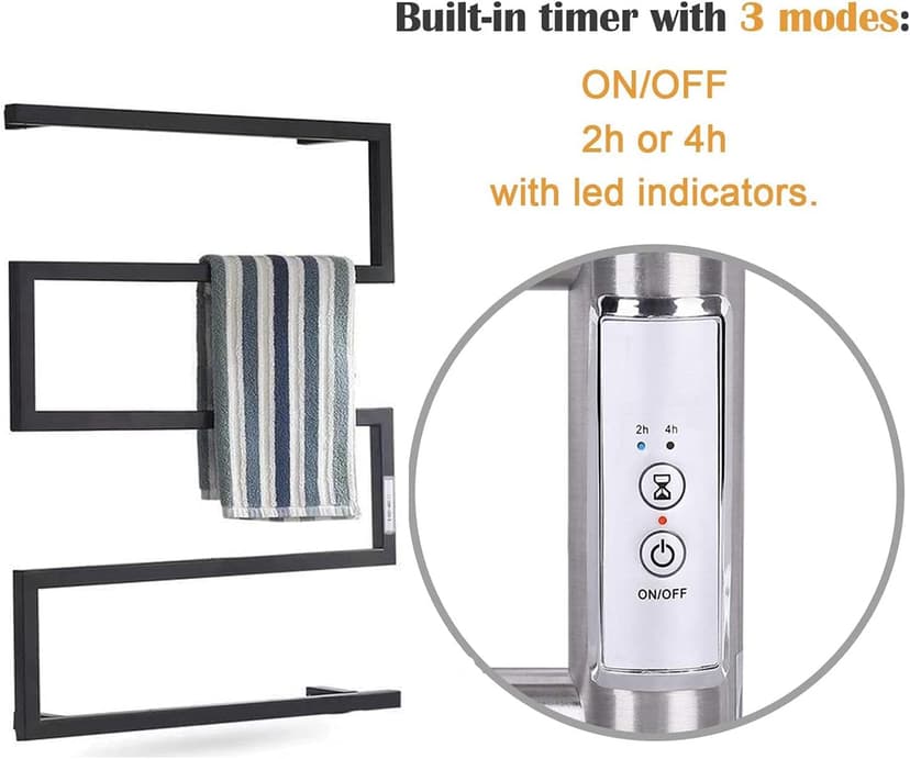 Modern Style Towel Warmer,Electric Heated Towel Rack with 2/4H Timer, 304 Stainless Steel Heated Towel Rail Wall Mounted Waterproof Bath Towel Heater, 88W,Hardwired,Black…