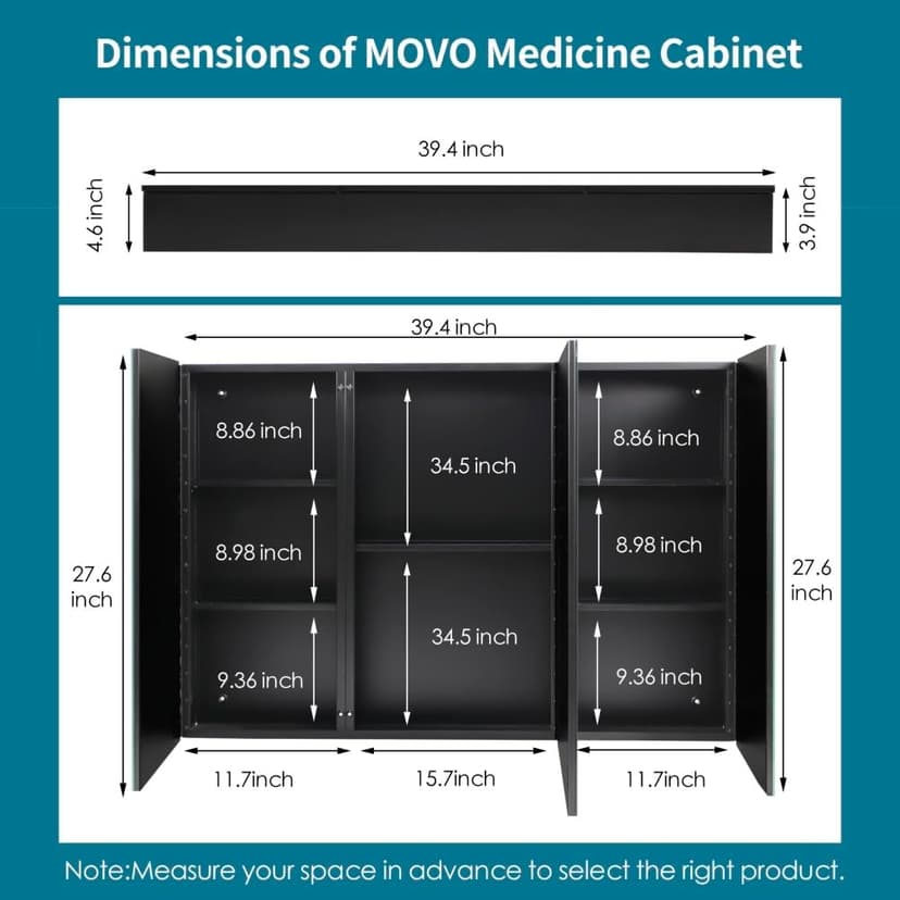 Movo 40 Inch x 28 Inch Black Bathroom Mirror Medicine Cabinet, Frameless Large Wall Mount Medicine Cabinet with 3 Doors,Rmovable Shelves