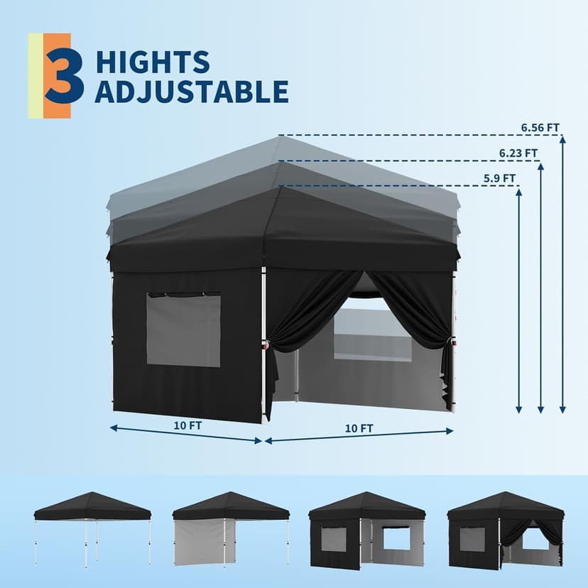 10'x10' Pop Up Canopy Tent with 4Pcs Sidewalls, Portable Instant Commercial Canopy with 4 Stakes, 4 Ropes, 4 Sandbags for Farmers' Market, Patio, Outdoor, Camping, Black