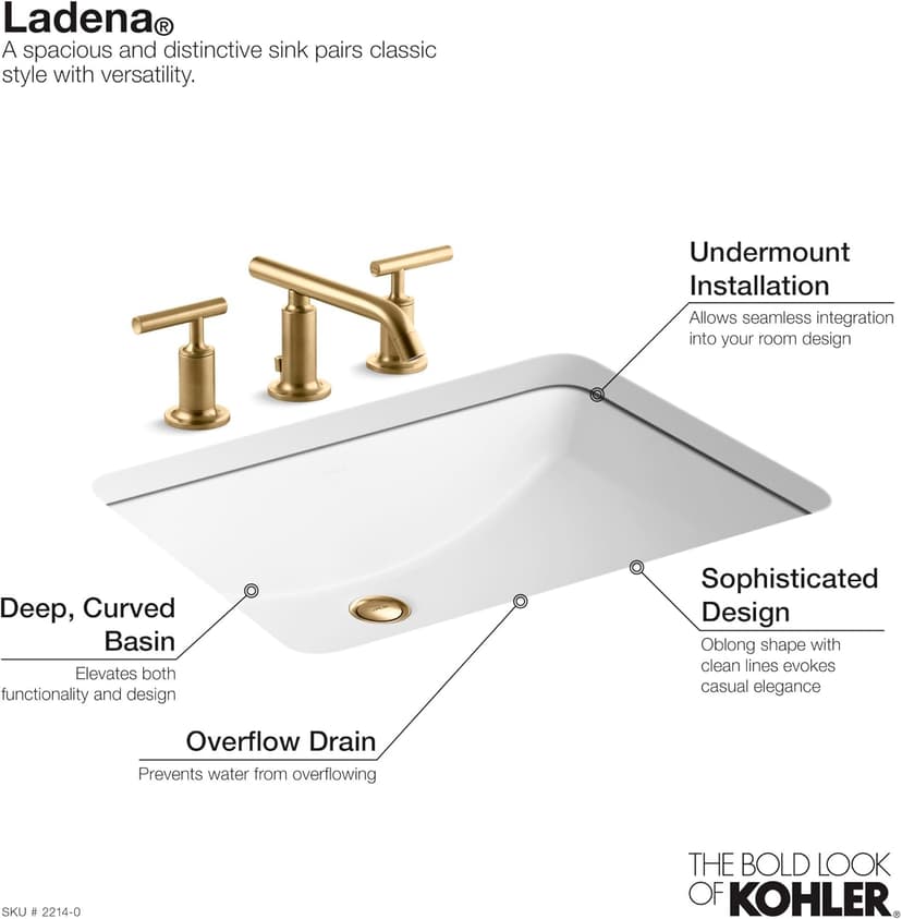 KOHLER 2214-0 Ladena Rectangular Undermount Bathroom Sink With Curved Bottom, 20-7/8" W X 14-3/8" L, White