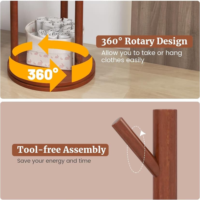 Rotary Coat Rack, Wooden Coat Rack Freestanding with 3 Shelves and 9 Hooks, Coat Tree, Sturdy and Easy Assembly Coat Rack Stand for Entryway,Hallway,Bedroom,Coats,Bags,Hats
