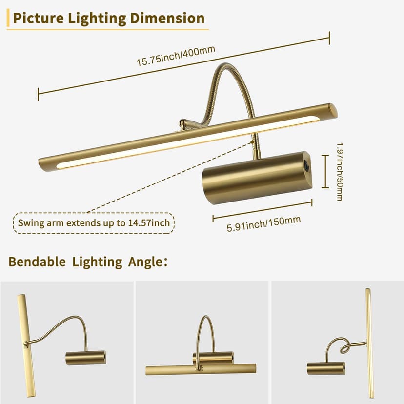JOOSENLUX Battery Operated Picture Lights Gold Wall Lights Wireless Flexible Neck with Remote Rechargeable Wall Lights for Pictures 16" Dimmable Display Art Light with Timer 3000K Brass