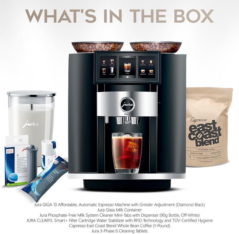Jura GIGA 10 Automatic Espresso Machine (Diamond Black) Bundle with Water Stabilizer, Milk System Cleaner Mini-Tabs, Cleaning Tablets, Milk Containers, and Capresso Coffee Bean (6 Items)