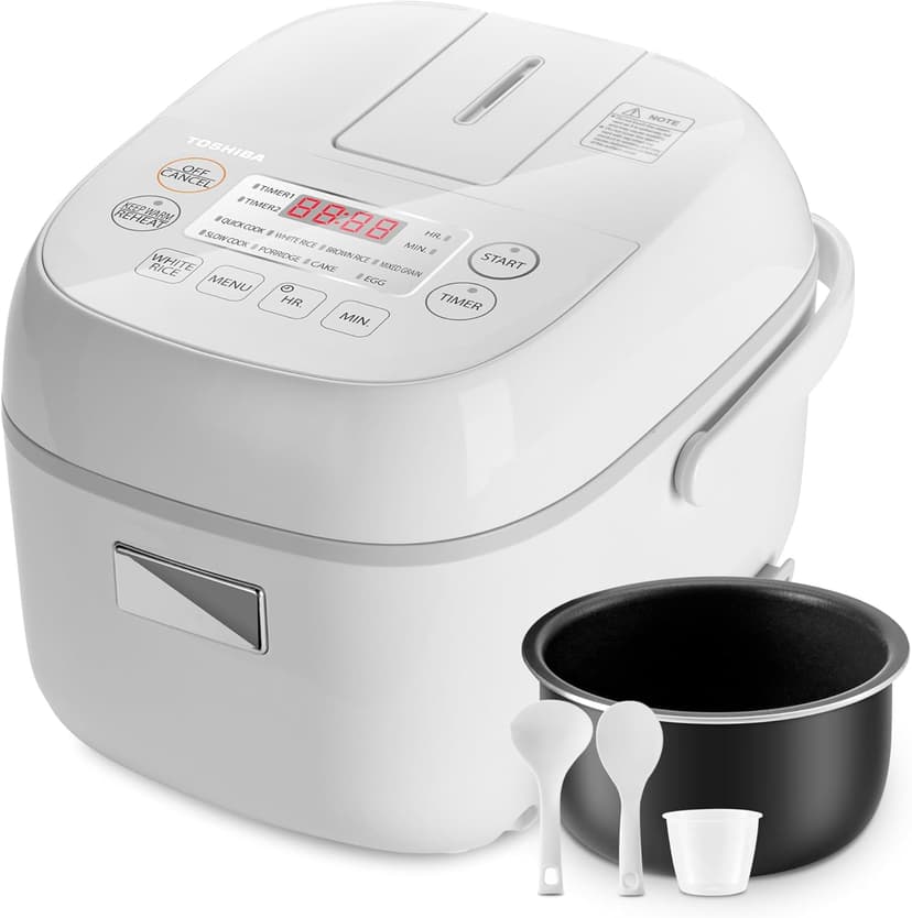 TOSHIBA Mini Rice Cooker, 3 Cups Uncooked Small Rice Cooker, Steamer & Warmer, With Fuzzy Logic And One-Touch Cooking, 24 Hour Delay Timer And Auto Keep Warm Feature, White