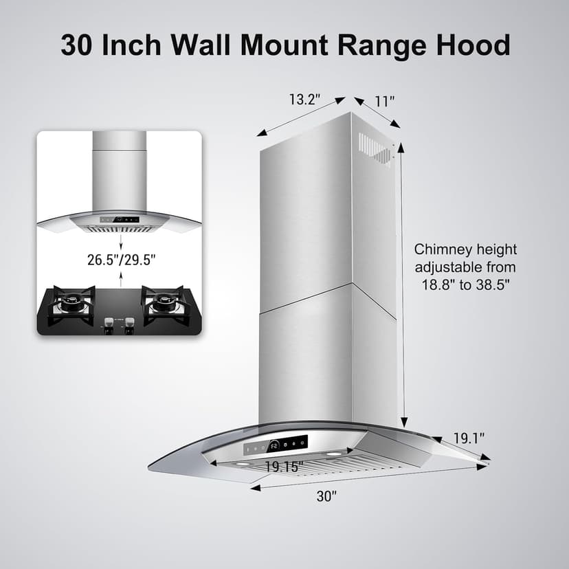 30 inch Range Hood Wall Mount, 1200 CFM with 4-Speed Gesture Sensing & Touch Control, Stainless Steel Ducted Kitchen Stove Vent Hoods with 2 LED Lights, Time Setting, Dishwasher-Safe Baffle Filters